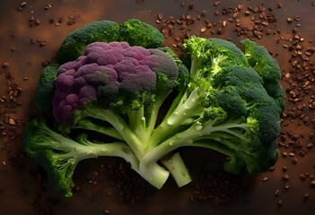 AI generated illustration of broccoli heads surrounded by seeds