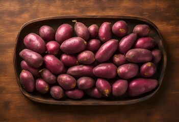 AI generated illustration of fresh red potatoes on a wooden plate, ready to eat