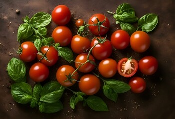AI generated illustration of fresh tomatoes and basil leaves on a wooden table