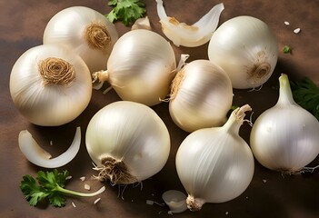 AI generated illustration of fresh onions, parsley, and green leaves on display