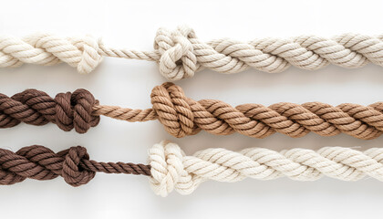 Many different ropes isolated on white. Unity concept