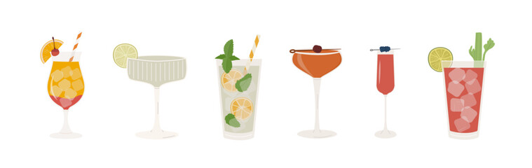 Set of popular classic cocktails. Different alcoholic drinks in various glasses. Summer aperitif garnished with lime twist, orange slice and cherry. Vector illustration of soft and alcohol beverages.