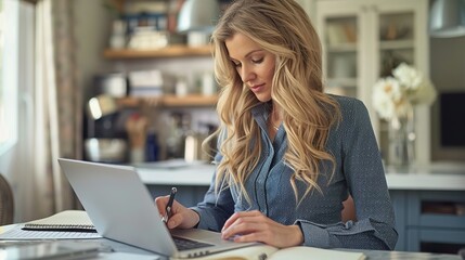 Obraz premium A woman seated at a kitchen table, focused on working on a laptop
