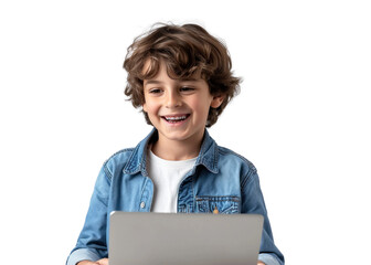 Young Boy with Laptop on Transparent Background
