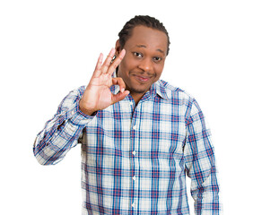 portrait young handsome, happy, smiling, excited man,  worker giving OK sign with fingers