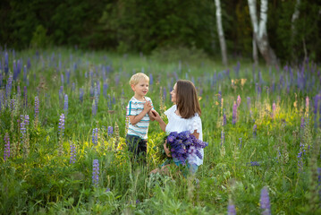 Little boy with his mother in a meadow with lupine flowers