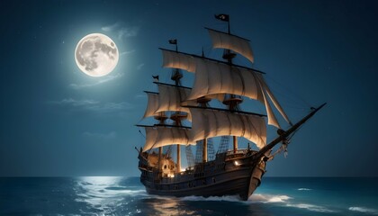 Obraz premium A pirate ship sailing under a starry sky with a fu upscaled_2