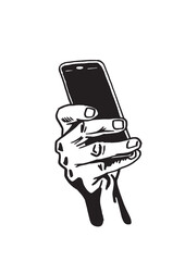 Graphical hand holding smartphone , vector illustration. Ink pen drawing, technology	
