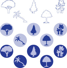 silhouette tree line drawing set, Side view, set of graphics trees elements outline symbol for architecture and landscape design drawing