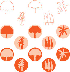 silhouette tree line drawing set, Side view, set of graphics trees elements outline symbol for architecture and landscape design drawing