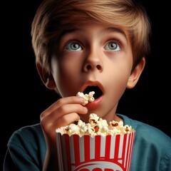 Kid with expectant face eating popcorn isolated on black background