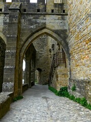 Carcassonne, May 2024: Visit the magnificent walled city of Carcassonne in Occitanie. Street photos - View of the fortified castle and ramparts protecting the historic town.