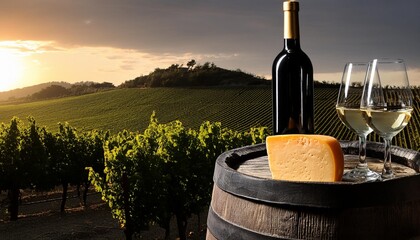 barrel wineglasses cheese and bottle in vineyard at sunset high quality photo