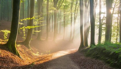 footpath through natural forest of beech trees with sunbeams through morning fog