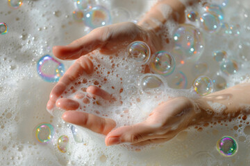Close-up of delicate hands playing with shimmering foam and iridescent soap bubbles in a warm, sunlit bubble bath