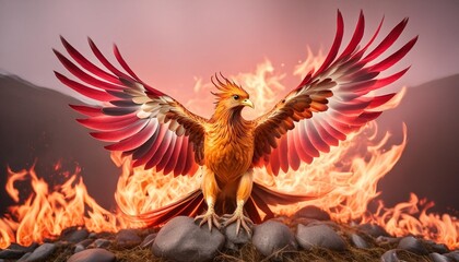 mythical bird fire phoenix with wings spread out