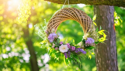 beautiful floral wreath hanging on tree sunny green natural background floral traditional decor for summer solstice day midsummer holiday pagan rituals wiccan symbol