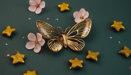 white background gold butterfly shiny little star little pastel colour flower