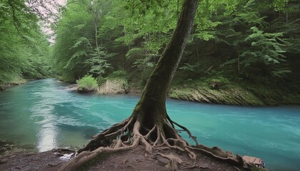 the blue river in the forest with isolated rooted tree in the middle