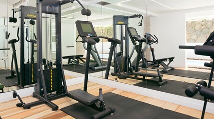 Obraz premium minimalist home gym with space-saving equipment and a mirrored wall