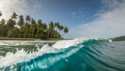 wave crashing on reef with palm trees in the background mentawai islands indonesia