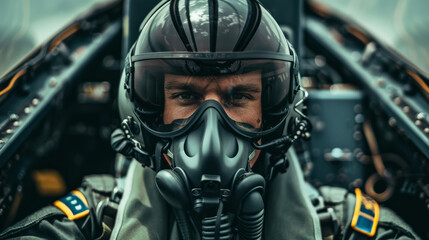 Fototapeta premium Portrait of a military aircraft pilot sitting in his plane wearing helmet and mask during the flight. Generative AI