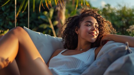 A young woman lounges on a luxurious outdoor sofa, lost in thought. Her smile and relaxed posture suggest she's daydreaming about something wonderful.