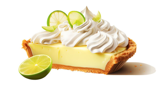 A slice of key lime pie with a dollop of whipped cream and a transparent background.