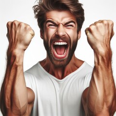 man with fists raised in triumph, mouth wide open, isolated white background