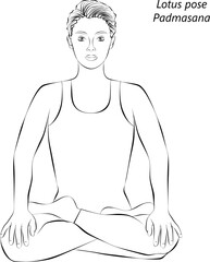 Sketch of young woman practicing Padmasana yoga pose.Lotus pose. Intermediate Difficulty. Isolated vector illustration.