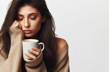 woman feeling exhausted half asleep while drinking a hot drink in mug to wake up. Sleepy while holding cup of hot coffee