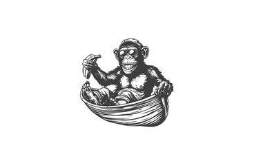 Obraz premium Monkey banana boat style logo icon design template flat vector