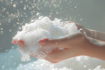 Fototapeta premium Close-up of delicate hands holding shimmering soap bubbles, reflecting light and purity with a soft, dreamy background