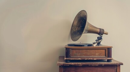 An antique record player sits on a wooden table against a white backdrop. The image captures the charm of the past.
