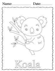 Koala Coloring Page. Printable Coloring Worksheet for Kids. Educational Resources for School and Preschool.