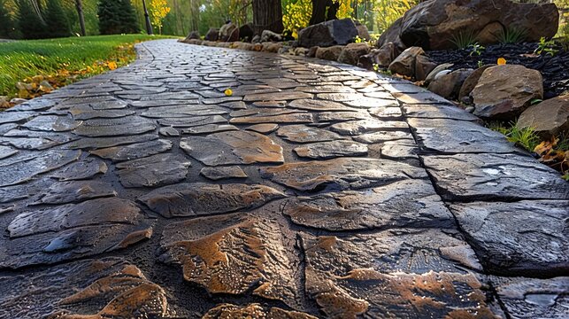 A pathway made of stamped concrete that mimics the look of cobblestones, showing detailed texture and color variation