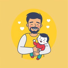 Happy father's day illustration with happy child hugging his dad and heart symbol on the background. happy father holding his son in his arms