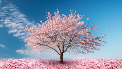 a pink tree in the middle of a blue background with pink petals on the ground and a blue sky in the background
