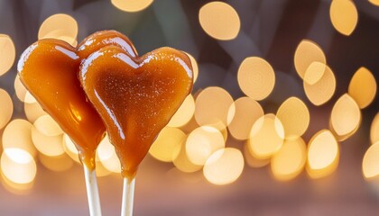 close up photo of salted caramel heart shaped sweets on a stick on a blurred background with lights caramel candy romantic symbol of love for valentine s day banner concept for festive celebration