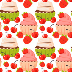 Seamless pattern with different cupcakes on a white background. Sweet pastries decorated with hearts, cherry, flower and star.