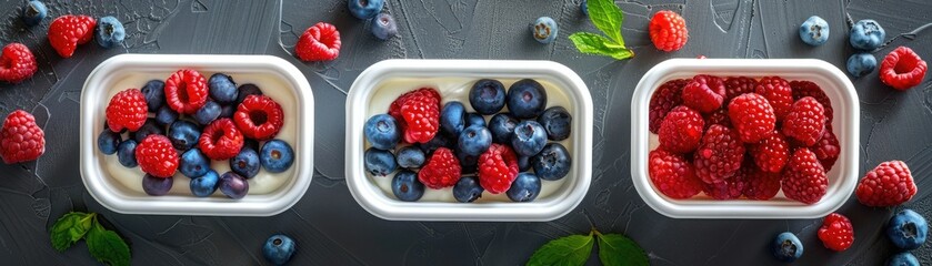 Three white containers with fresh blueberries and raspberries on a dark background.