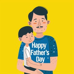 Fototapeta premium Happy father's day illustration with happy child hugging his dad and heart symbol on the background. happy father holding his son in his arms