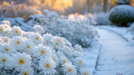 Winter garden with snow on the bushes and flowers.