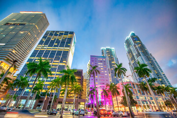 Downtown Miami buildings at sunset from Biscayne Boulevard and Bayfront Park