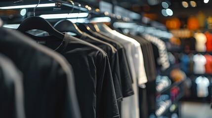 Obraz premium Men's bright monochrome shirts and T-shirts are presented in the store on hangers. Generative AI.