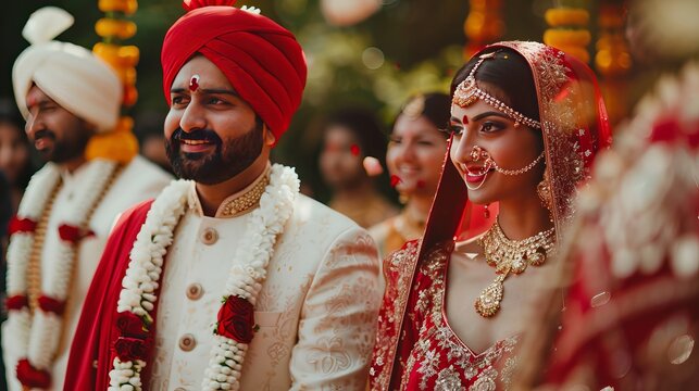 At a Hindu wedding, a dapper groom in a white Sherwani and red turban stands beside his radiant bride, who is adorned in a crimson lehenga, during their sacred Saptapadi ceremony.