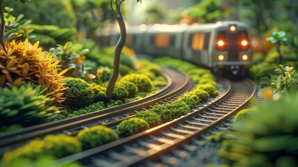 Miniature landscape, Winding railway, An oncoming subway train, subway, moss. Generative AI.
