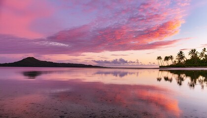 pinkish purple sunrise colors reflecting in the water in fiji