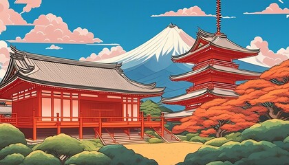 beautiful scenic view of temple in japan in landscape comic style