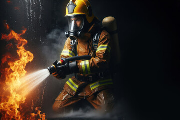 Fototapeta premium A brave firefighter with safety suit By water fighting with fire flame Isolated on black background